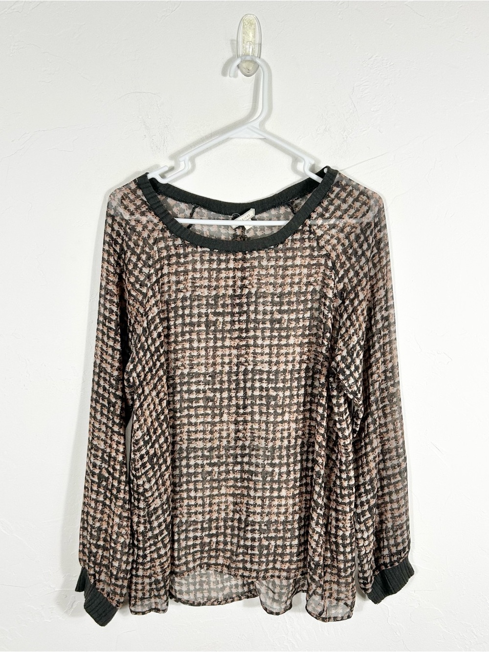 Pleione Sheer Houndstooth Blouse Large Black Orange Long Sleeve Top L Nordstrom
